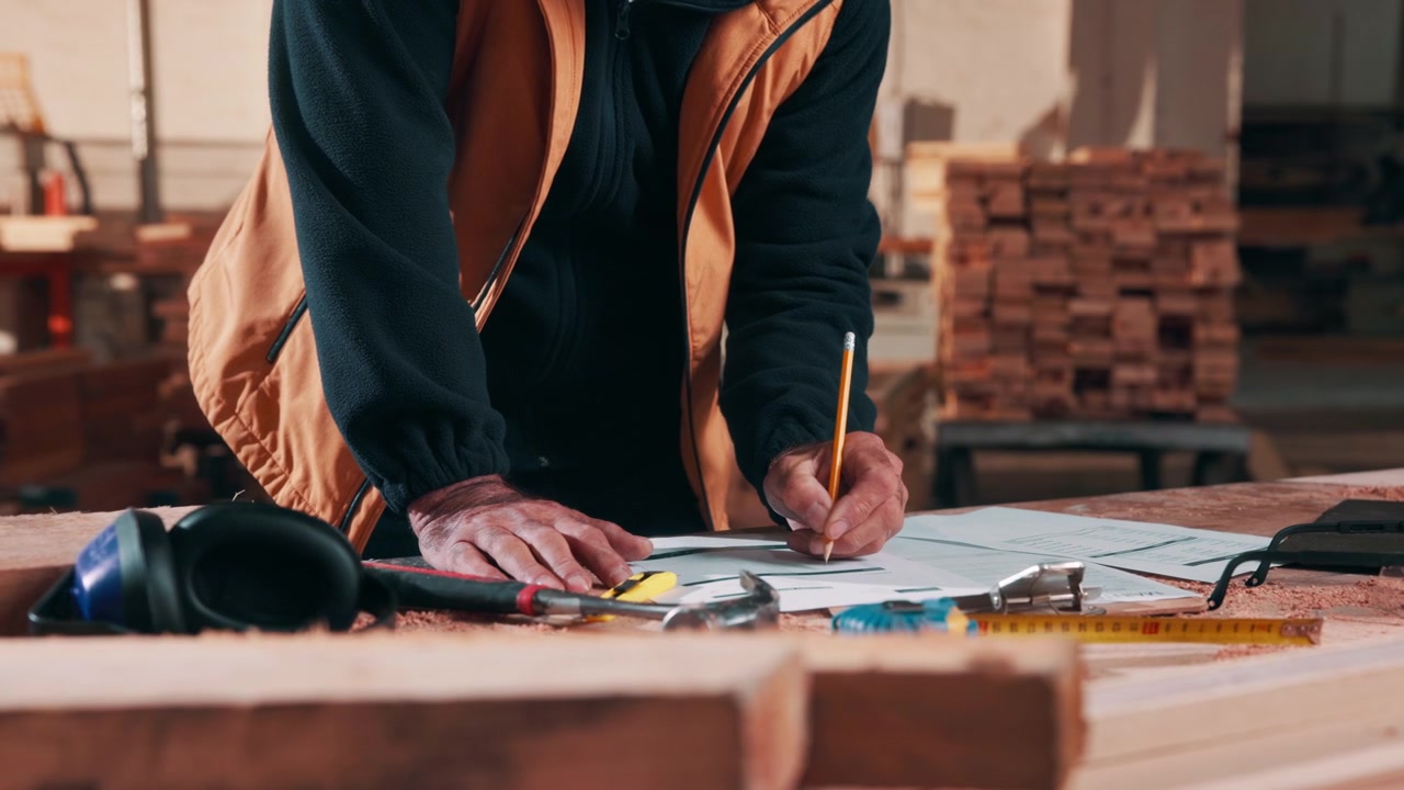 Carpenter Reviewing Blueprints on Workbench in Woodworking Shop