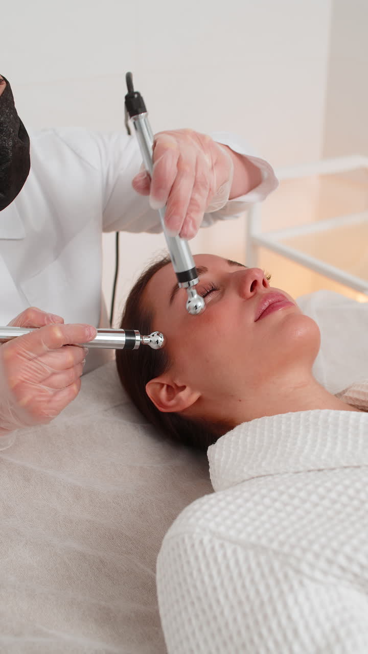 la doctora esteticista hace a la mujer micro corrientes terapia facial usando impulsos eléctricos en el salón de spa