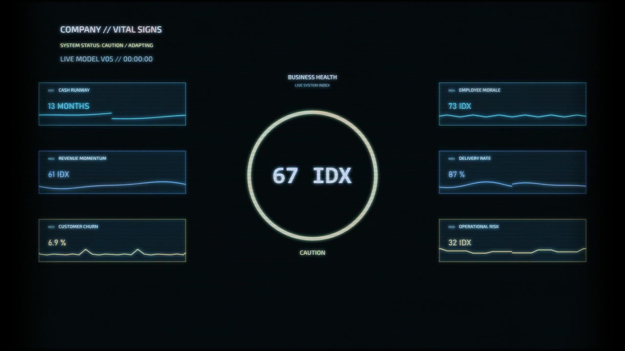 Digital dashboard displays vital signs for company health metrics with real-time data and graphs. Financial performance indicators and operational risk assessment for business analysis.