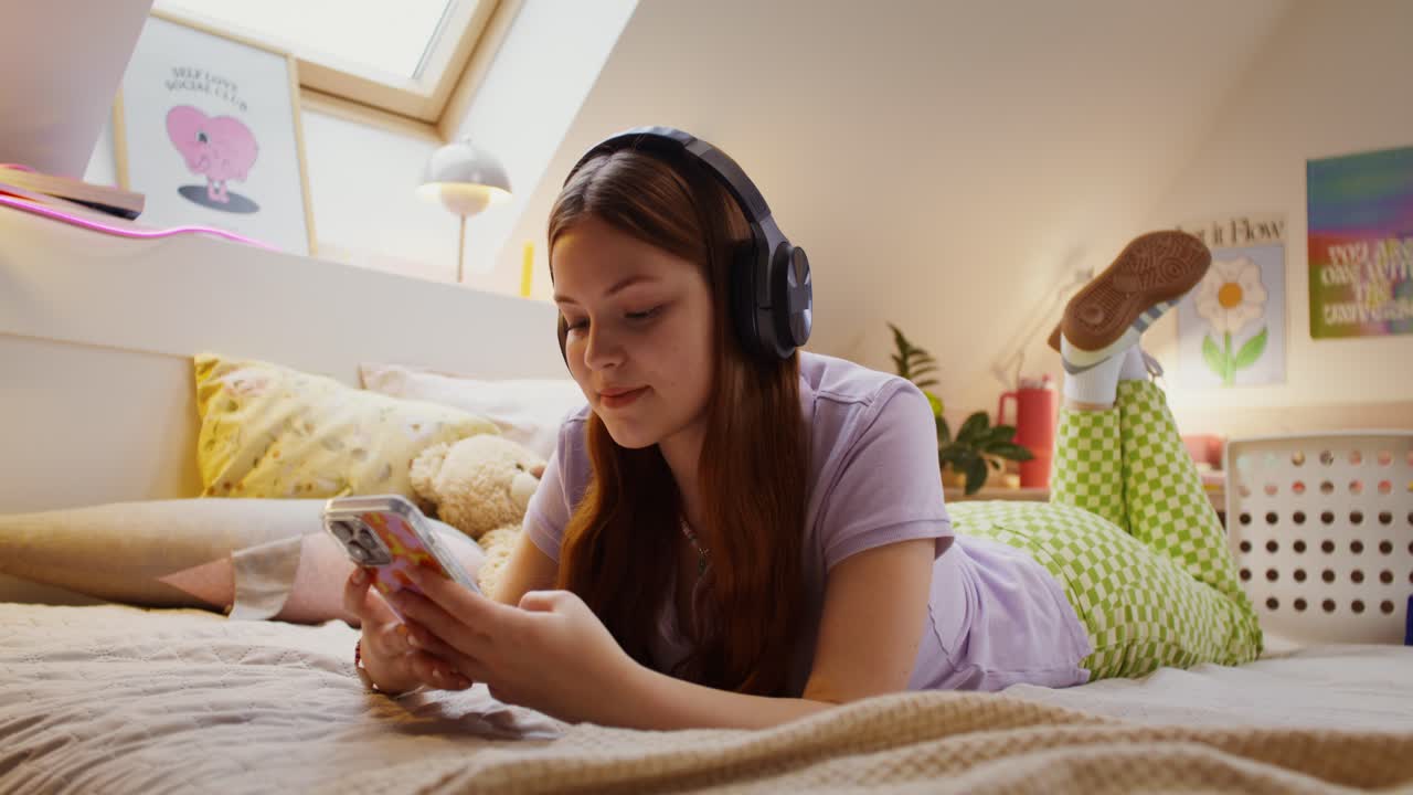십대 소녀가 헤드폰으로 침대에서 휴식을 취하고 있습니다.