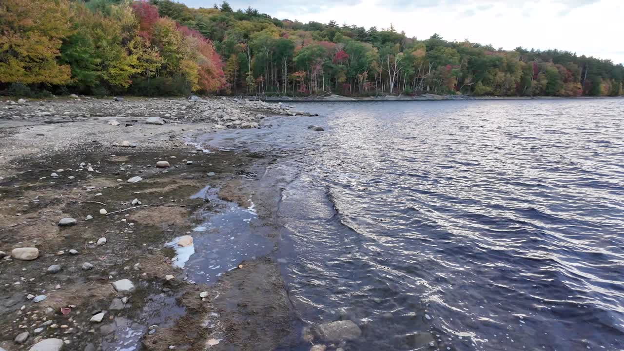 The shores of Quabbin Reservoir and the forest on the bank in fall colors.