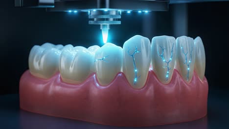 advanced dental technology demonstration: a close-up of cutting-edge equipment engaging with tooth structures for enhanced oral health and treatment innovation