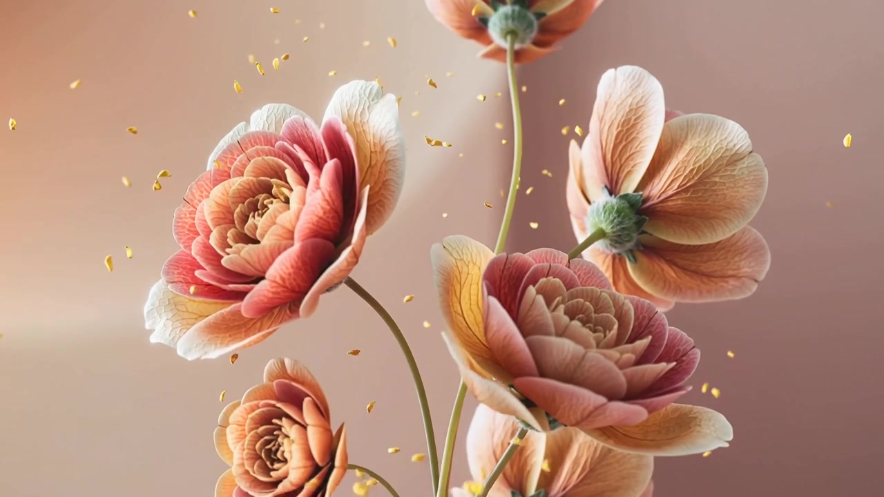 Telecamera che si allontana rivelando fiori di pesco che riempiono lo studio per mostrare un bouquet più ricco con pagliuzze dorate.