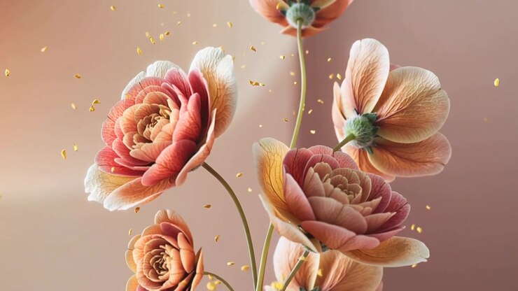 Telecamera che si allontana rivelando fiori di pesco che riempiono lo studio per mostrare un bouquet più ricco con pagliuzze dorate.