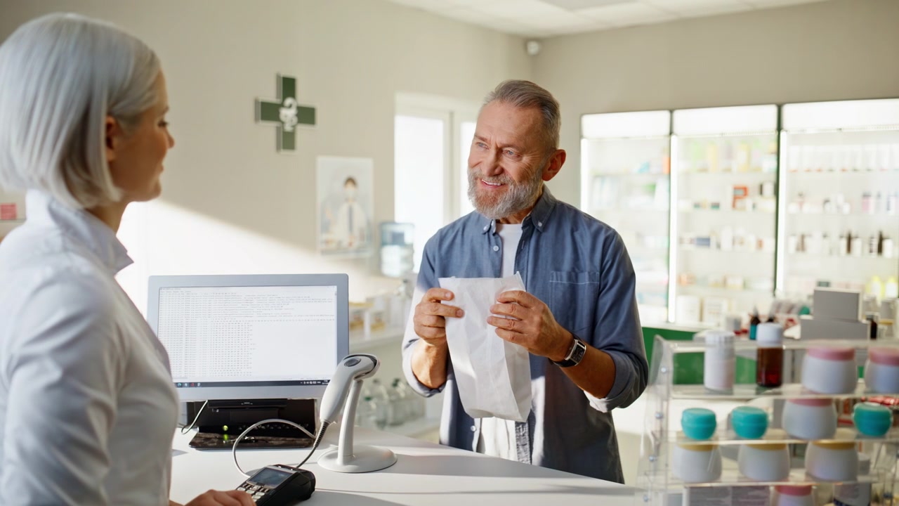 Primo piano di un professionista della farmacia che vende medicine a un anziano cliente alla cassa.