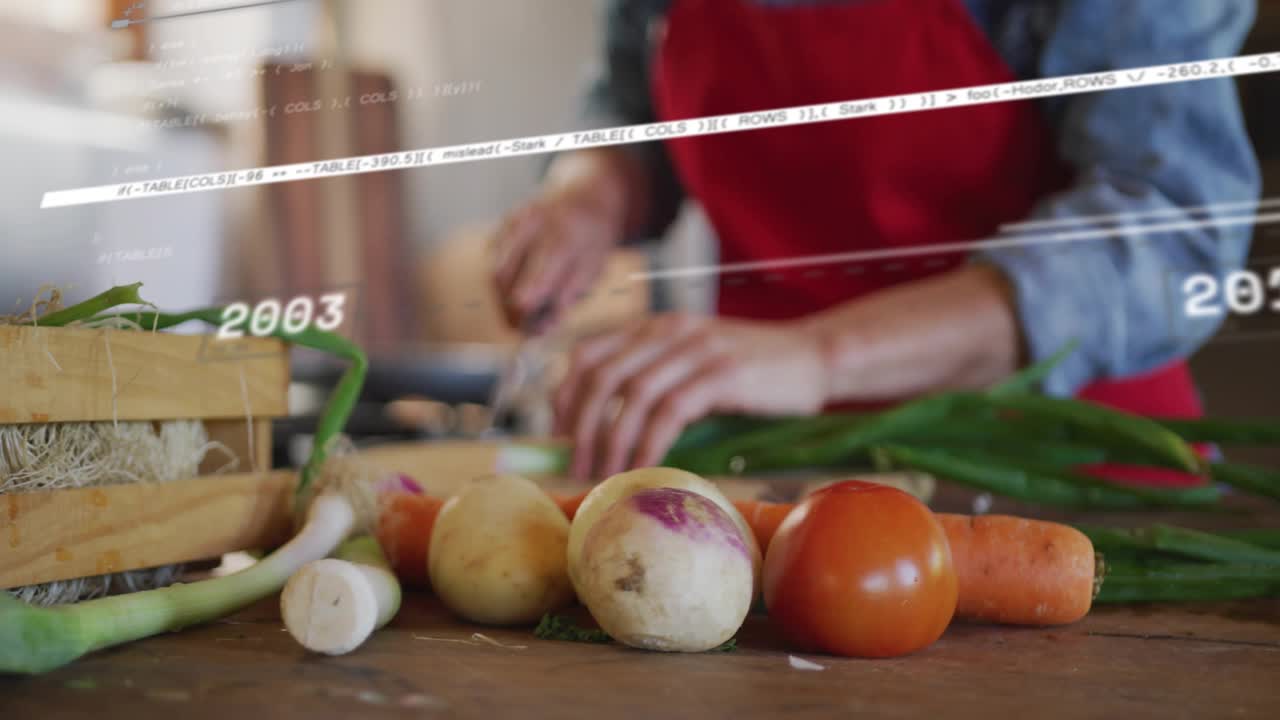 Woman tracking food data glancing at timeline overlay updating dates slicing green onions on board
