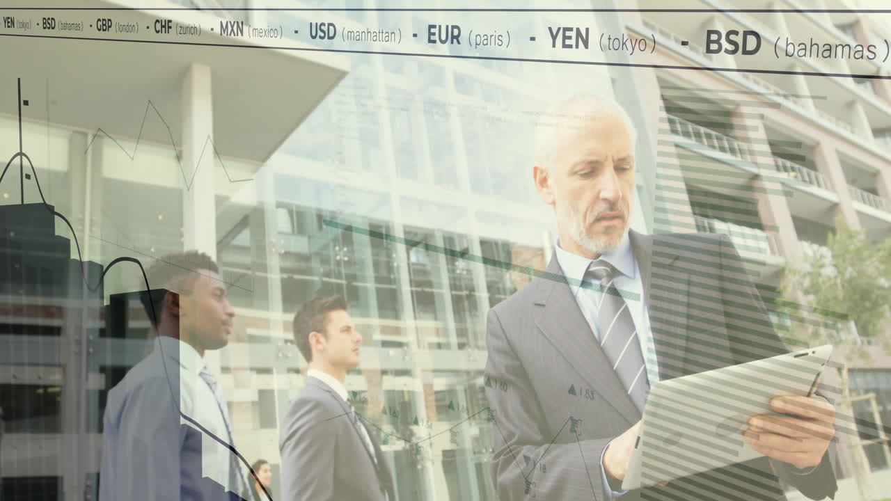 Analyzing financial data, business professionals with currency exchange rates animation