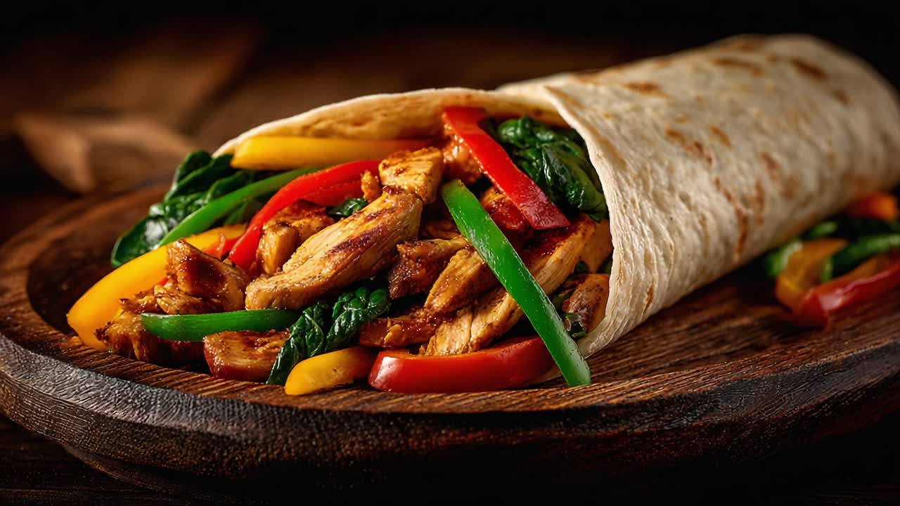 Delicious Gourmet Chicken Wrap Loaded with Fresh Vegetables and Spices, Perfectly Rolled in a Soft Tortilla, Ideal for a Tasty Lunch or Snack Experience