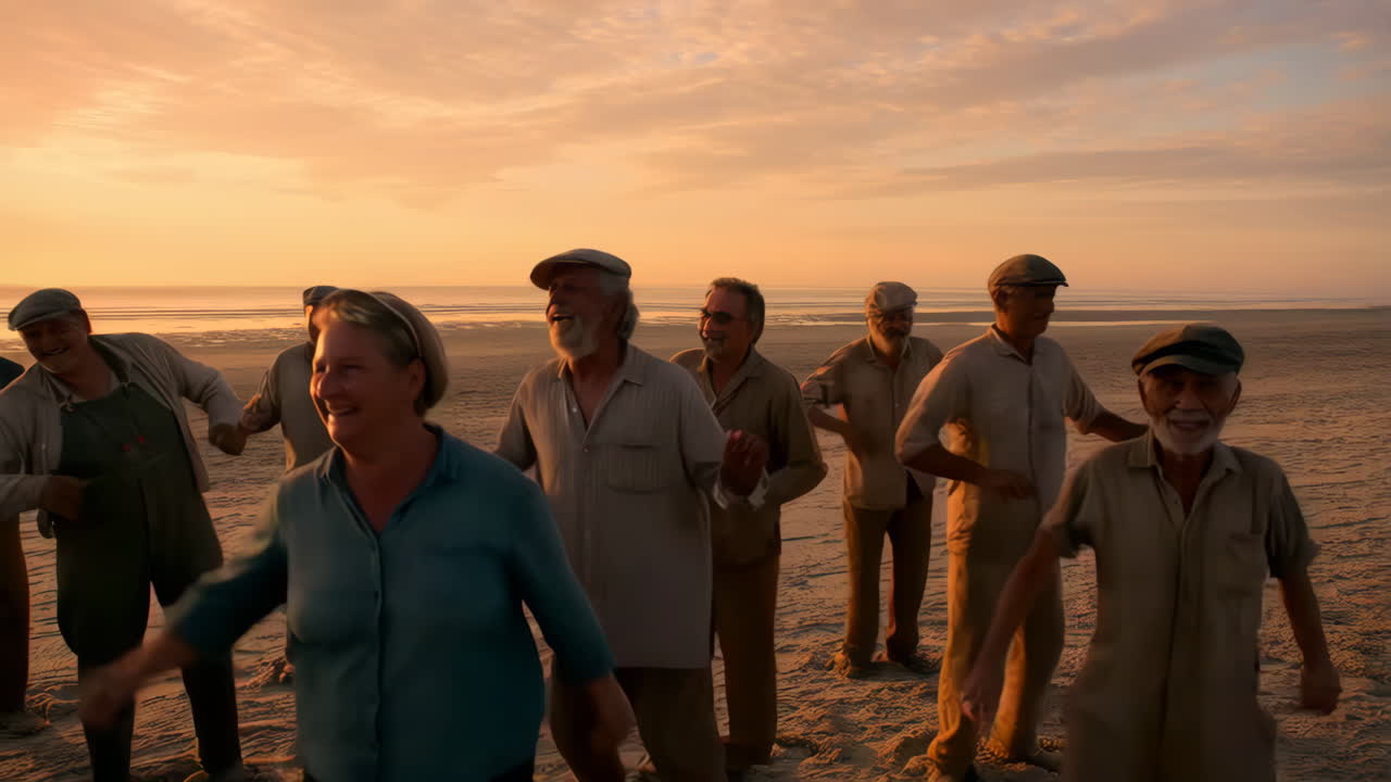 Group of People on the Beach at Sunset