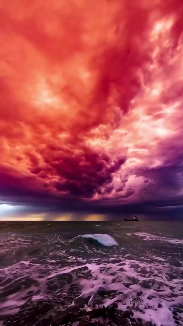 Dramatic Ocean Storm with Lightning, Vibrant Clouds, and Distant Ship