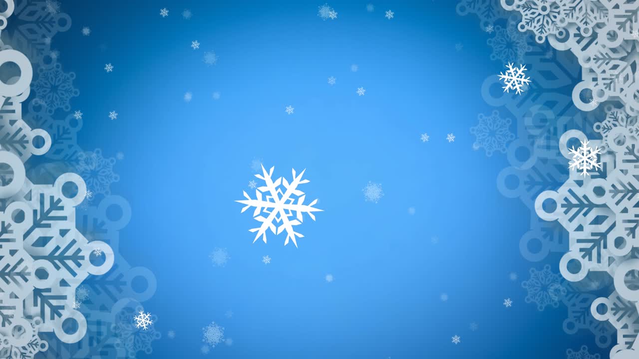 Animation of christmas decorations and snowflakes falling on blue background