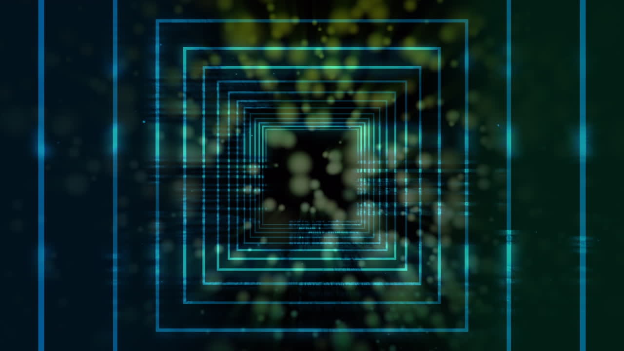 animación de puntos verdes sobre un túnel hecho de cuadrados en un espacio negro