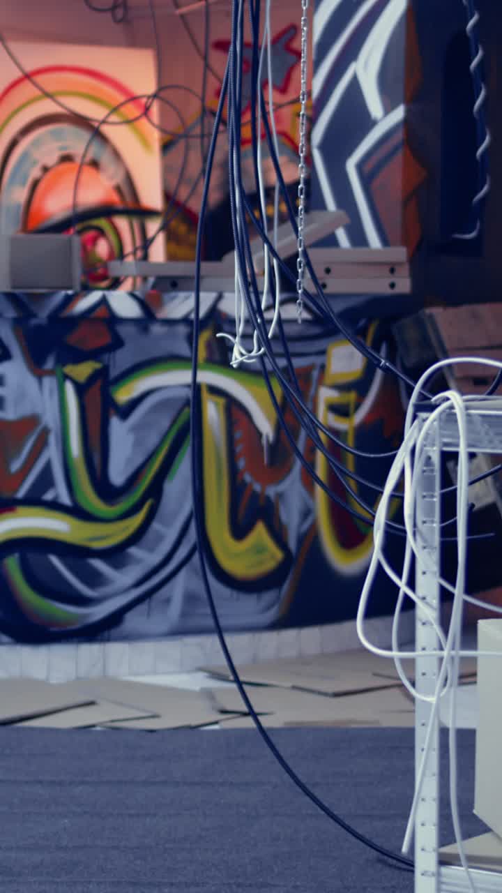 Video verticale Sede centrale abbandonata usata da membri di una gang con disegni graffiti