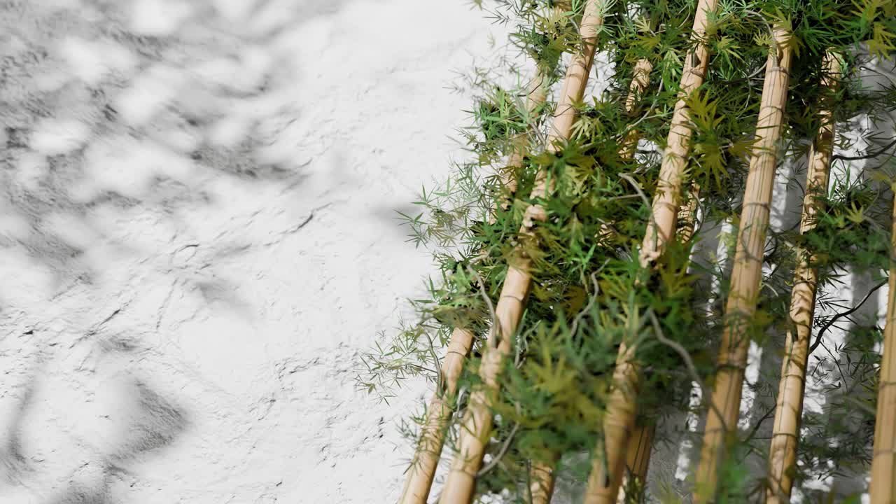 Bamboo stalks with green leaves arranged vertically on white textured lavender wall with natural shadows. Nature, zen decor and botanical background concept. composition with copy space