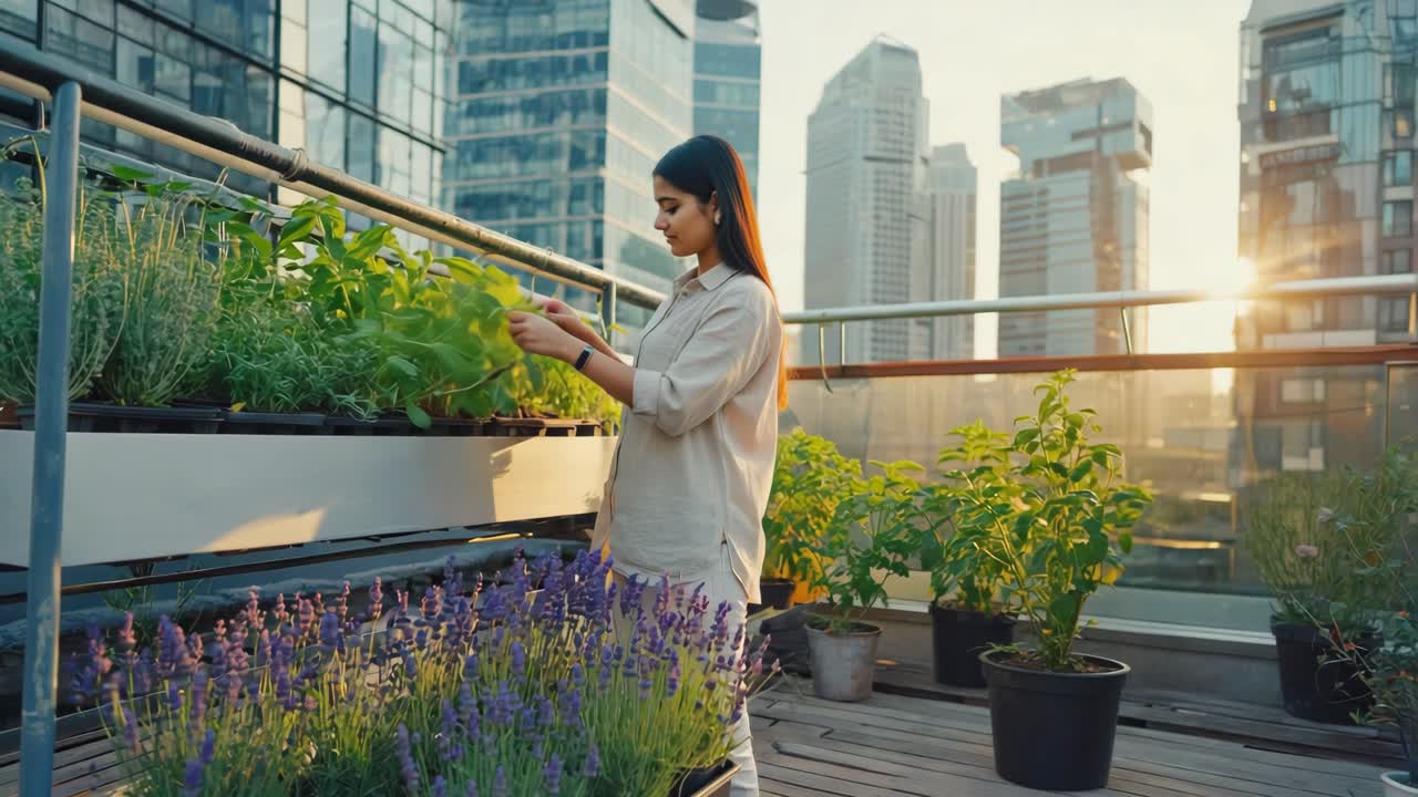 Woman tending to her rooftop garden in the city