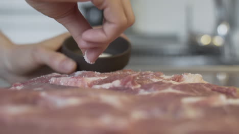 close up selective focus shot as applying salt, putting salt to a piece of raw meat