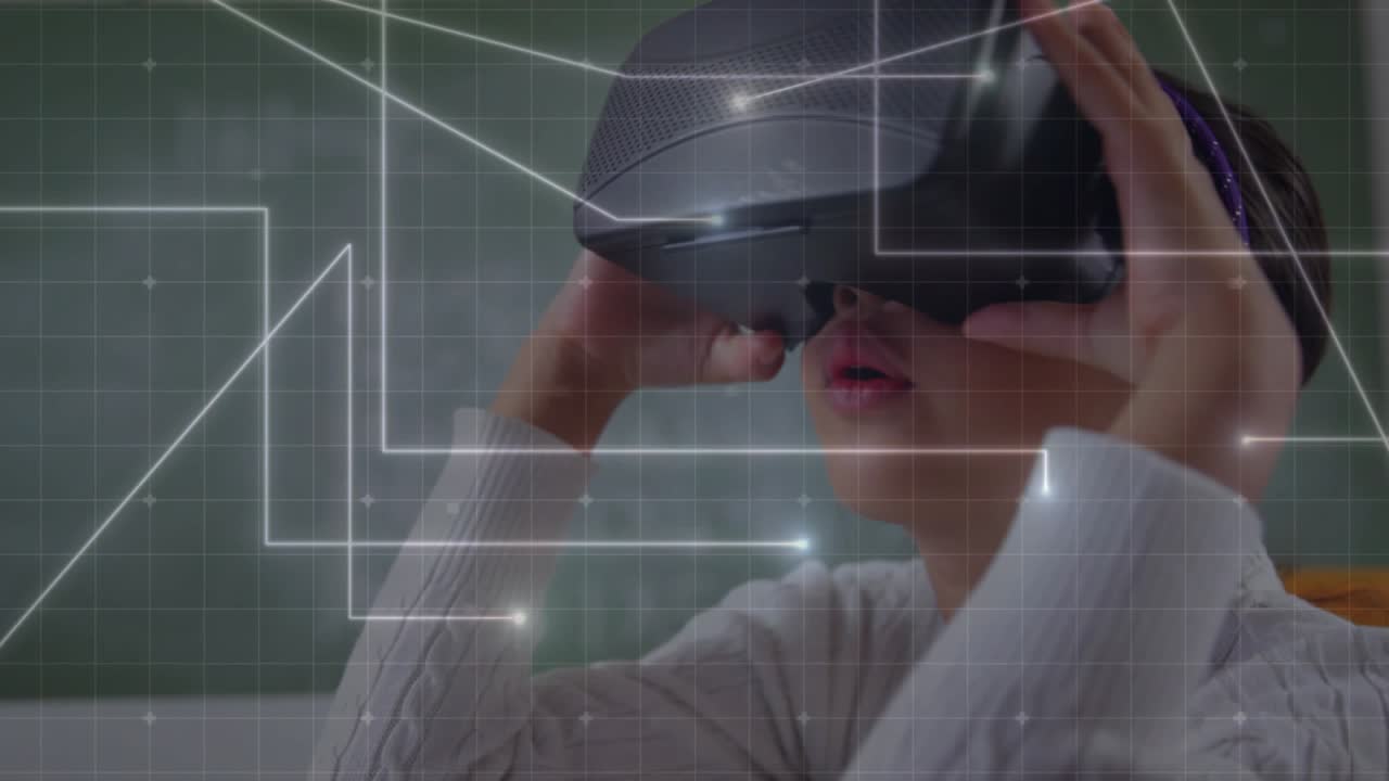 Classroom student raising VR headset, adjusting fit, digital overlay fading, entering VR world