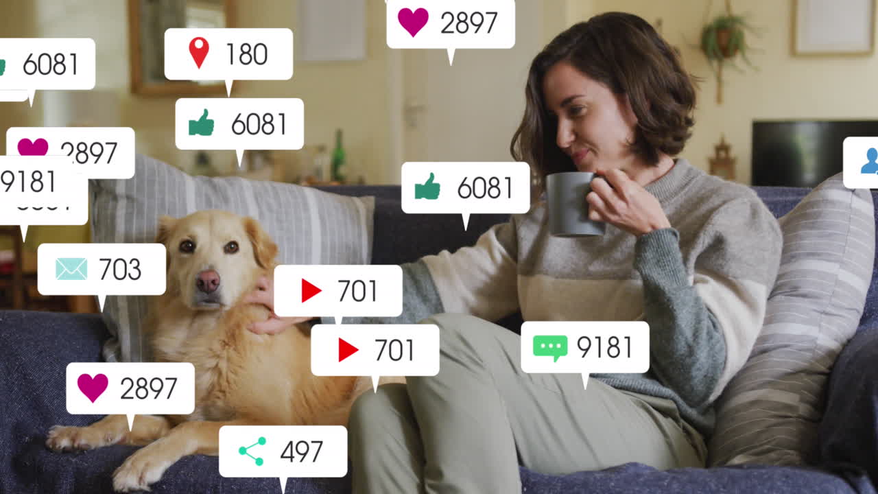 animación de iconos y números de redes sociales sobre mujer caucásica con perro mascota en casa