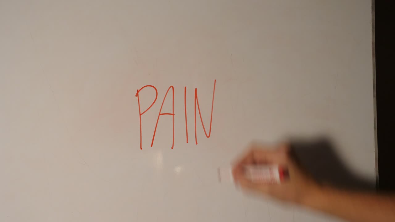 Writing the word pain on a white board with red marker and crossing out the word