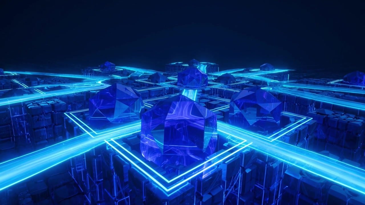 Abstract Digital Network Connecting Glowing Blue Geometric Crystals