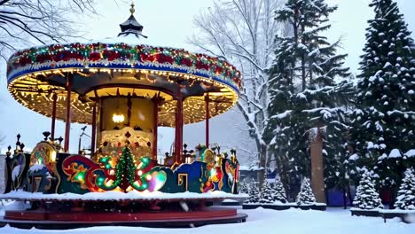 snowy christmas carousel in a park