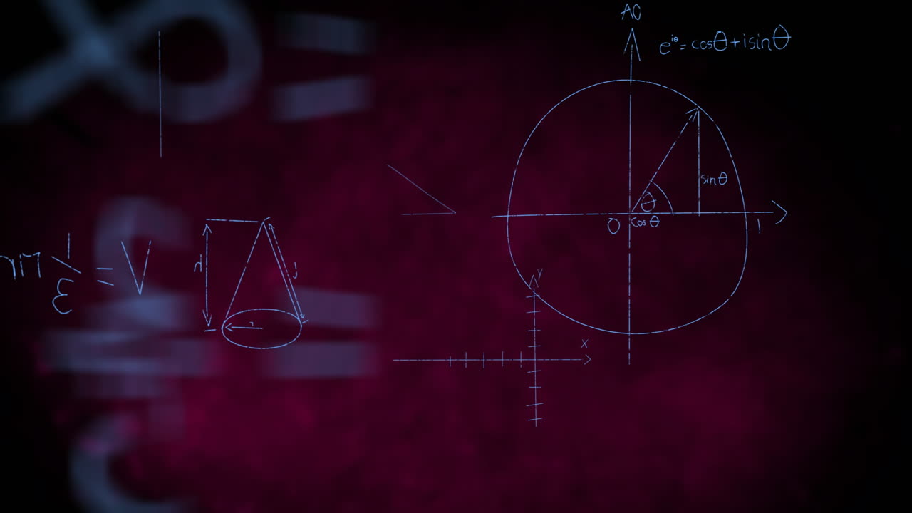 Mathematical equations and geometric shapes animation over dark red background