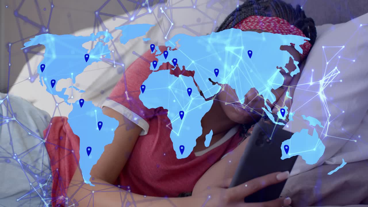 Woman reclining bed tapping phone, causing tech world map with pulsing pins visualizing connections