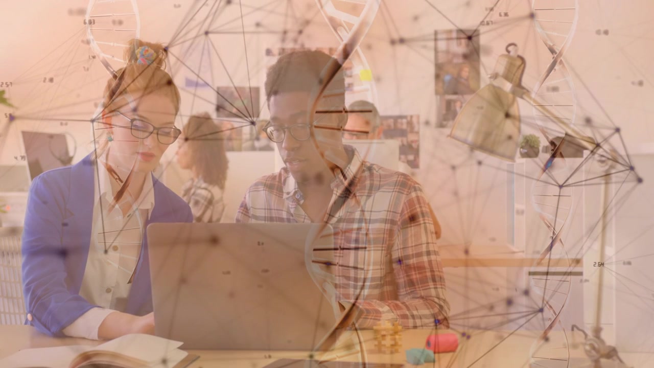 Woman pointing at laptop and man scrolling while analyzing tech data, network overlay shifting