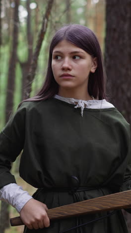 una niña vigilante con ropa medieval sostiene una ballesta cazando animales en el bosque salvaje. un arquero adolescente juega en el campamento. reconstrucción histórica