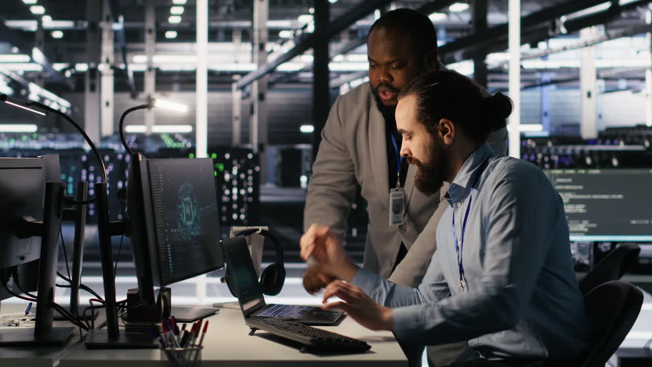 Vertical video Data center engineers use laptop, collaborating on doing AI software updates