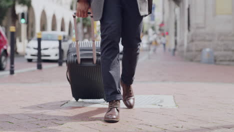 travel, carry on suit and feet walking in a city