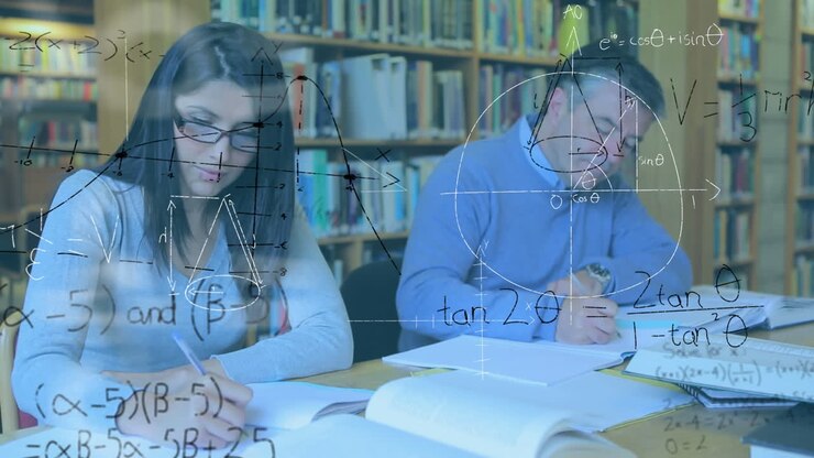 Professors studying in a library