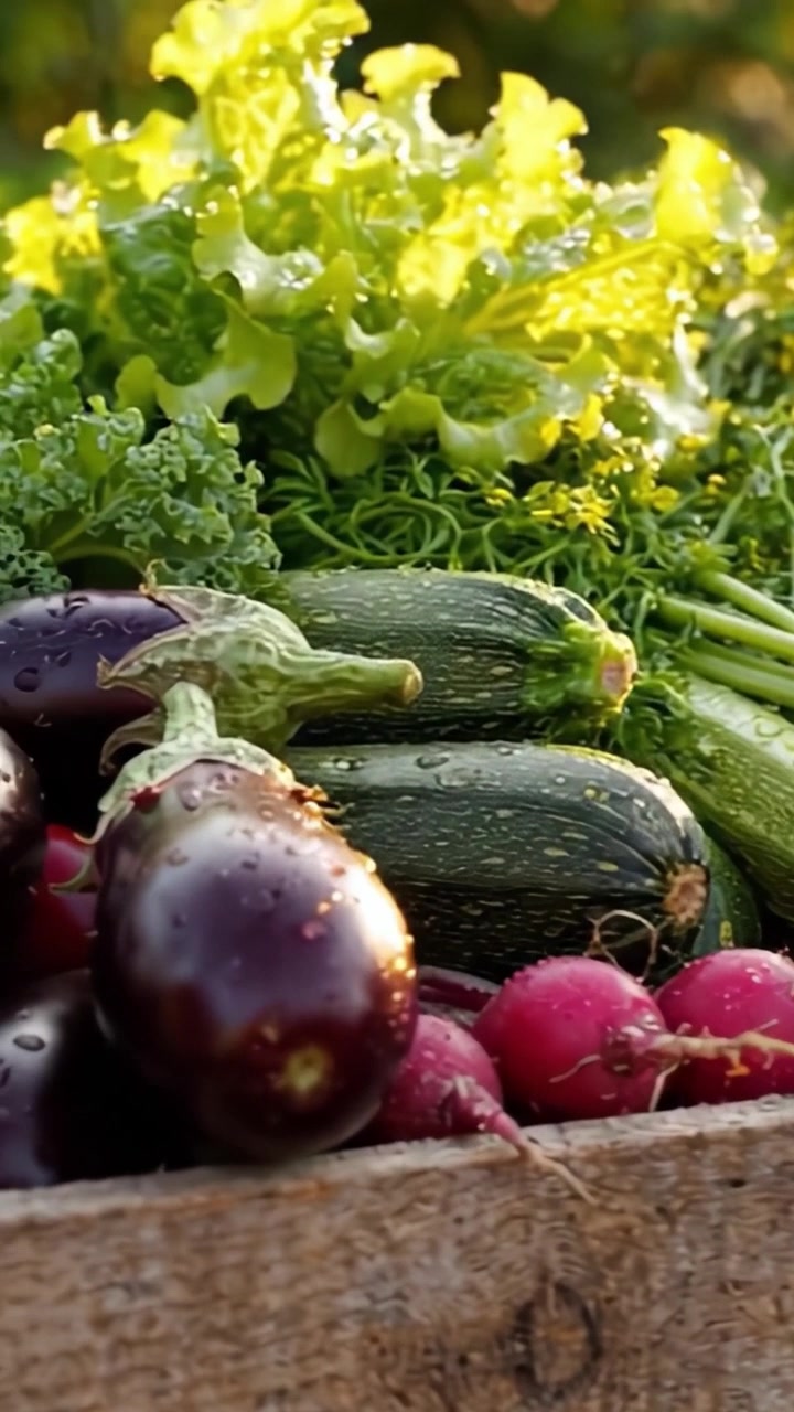 Cosecha vibrante: Una variedad de verduras orgánicas frescas que muestran la generosidad de la naturaleza con zanahorias coloridas, lechuga exuberante y berenjenas brillantes en un entorno de jardín soleado.
