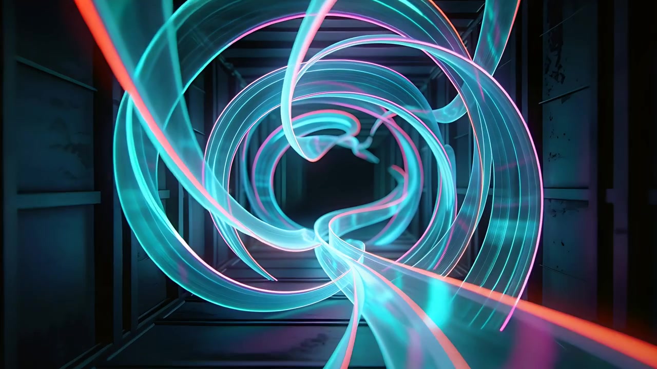 Nastri neon ciano che spiraleggiano attraverso un fascio di luce, entrando nell'inquadratura e formando anelli a spirale che aggiungono profondità.