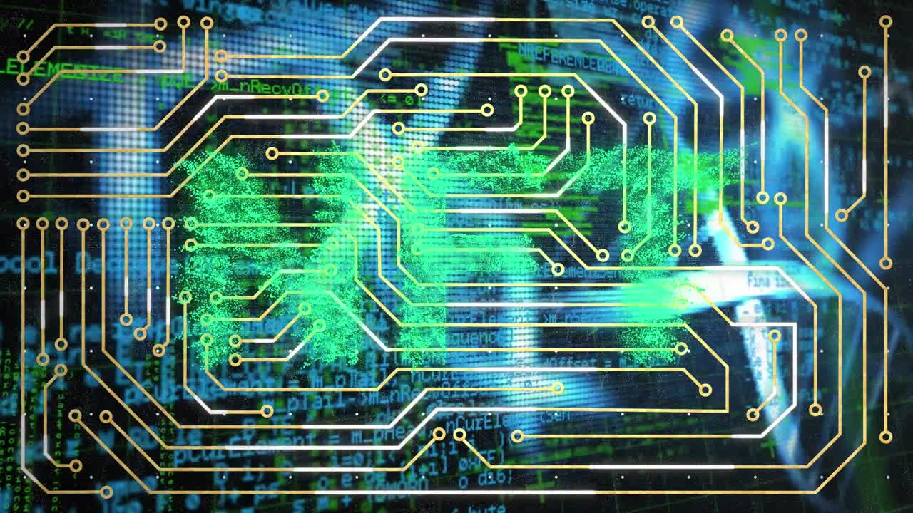 animación de la placa de circuitos de computadora y texto nft sobre procesamiento de datos y cadena de adn