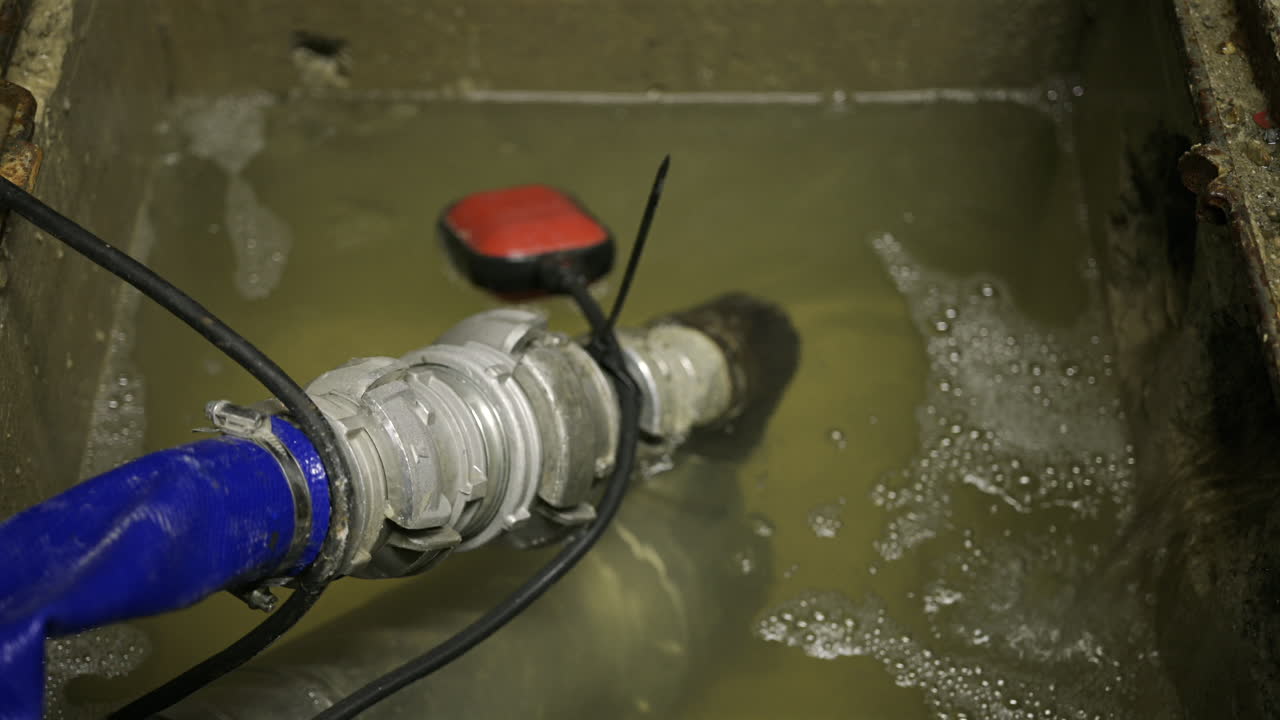 Close-up shot of a sump pump system operating inside a concrete utility pit partially filled with murky water