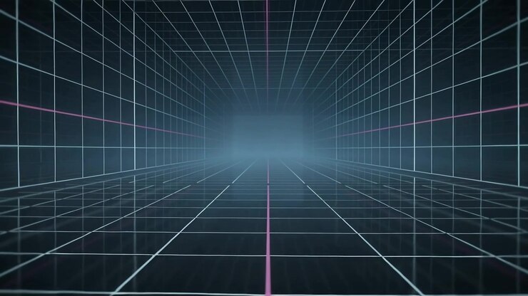 Advancing gridded corridor moving toward distant blue haze in CG scene, with magenta guide line