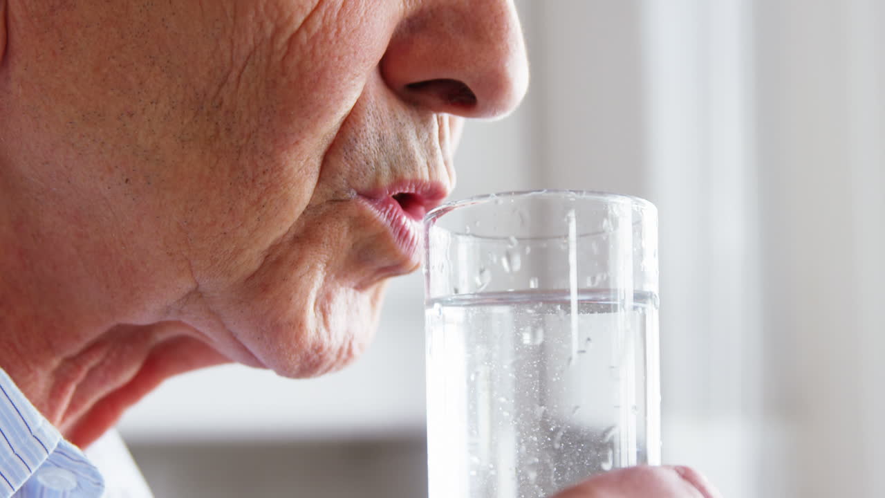 물 을 마시는 성숙 한 남자 의 근접 사진