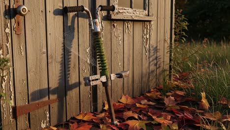 A Rusty Toolbox with a Green Coil Spring: Capturing the Essence of Autumn in a Forgotten Space Surrounded by Colorful Leaves