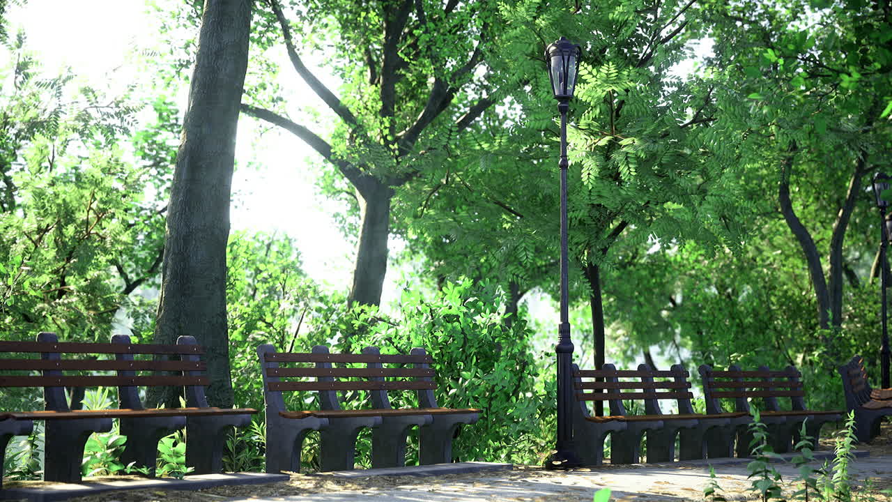 Benches lining a peaceful park pathway surrounded by lush greenery