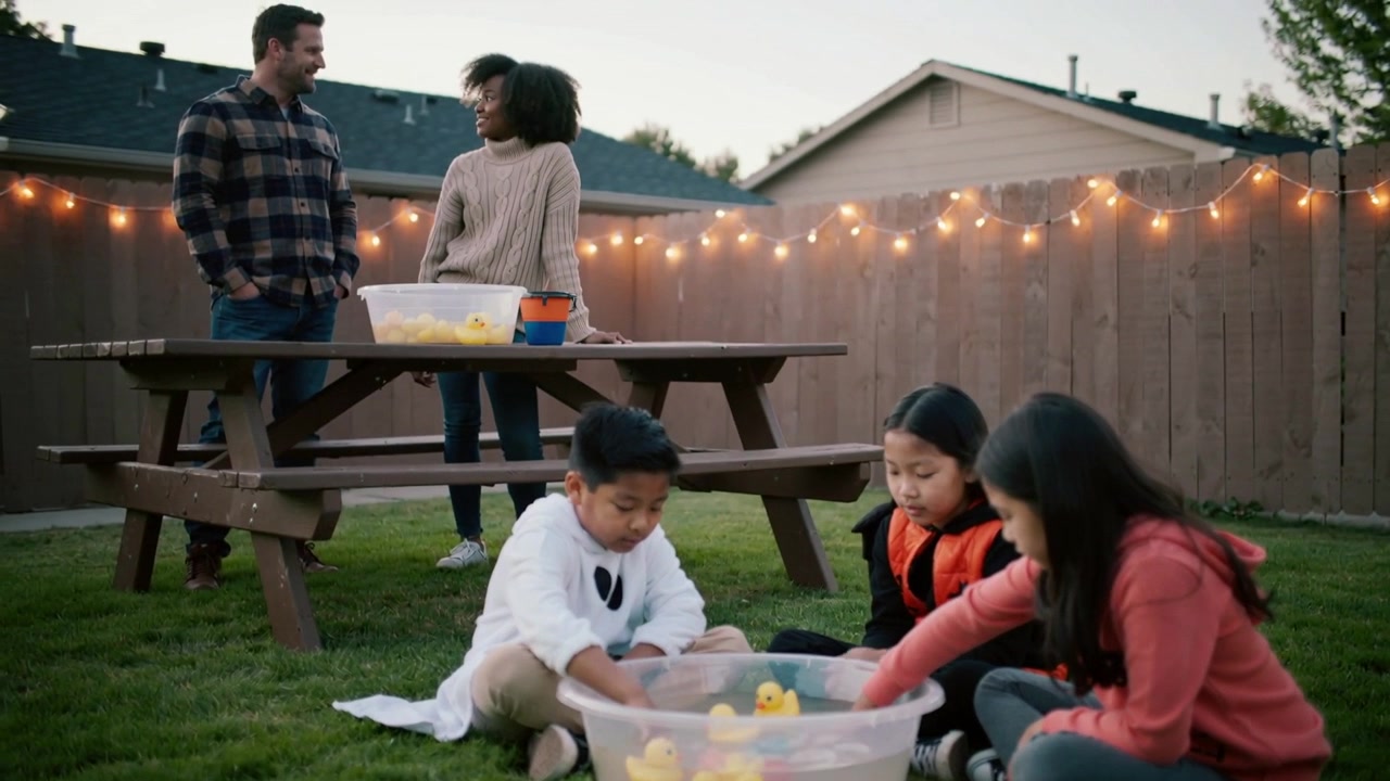 Playing three kids probing tub of yellow ducks on backyard grass, white-hoodie boy, adults talking