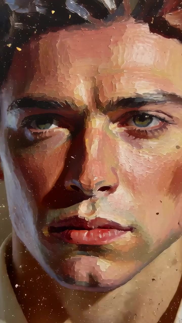 Video verticale: La telecamera si allontana rivelando un volto dipinto ad olio in studio con pittura spessa e una camicia chiara