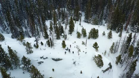 Panorámica-Aérea-Hacia-Abajo-De-Un-Grupo-De-Personas-En-Una-Montaña-Nevada