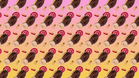 animación abstractamente colorida - diferentes rosquillas se mueven hacia el lado en el fondo de gradiente rosa-amarillo - bucle sin costuras.