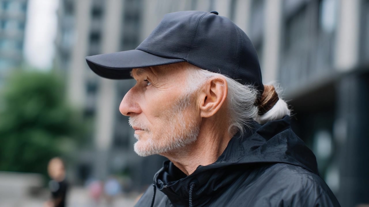 An elderly man wearing a black cap and jacket stands thoughtfully outdoors, gazing away from the camera against a blurred urban backdrop in the city.
