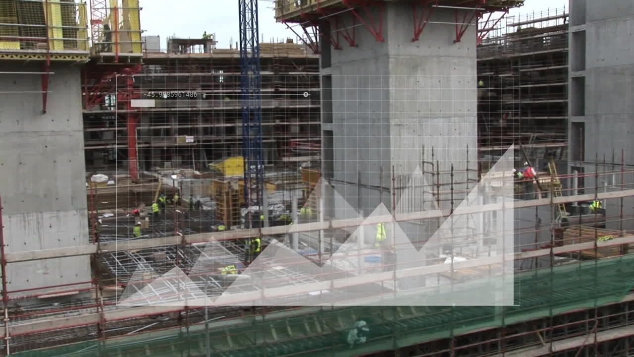 Construction site with workers and equipment over geometric shapes animation