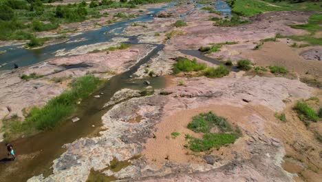 Aerial-footage-of-the-popular-area-on-the-Llano-River-in-Texas-called-The-Slab