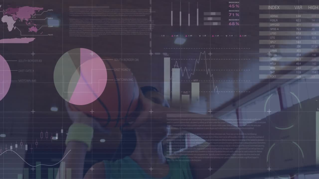 Woman tapping basketball on court displaying floating sports analytics while dribbling and shooting