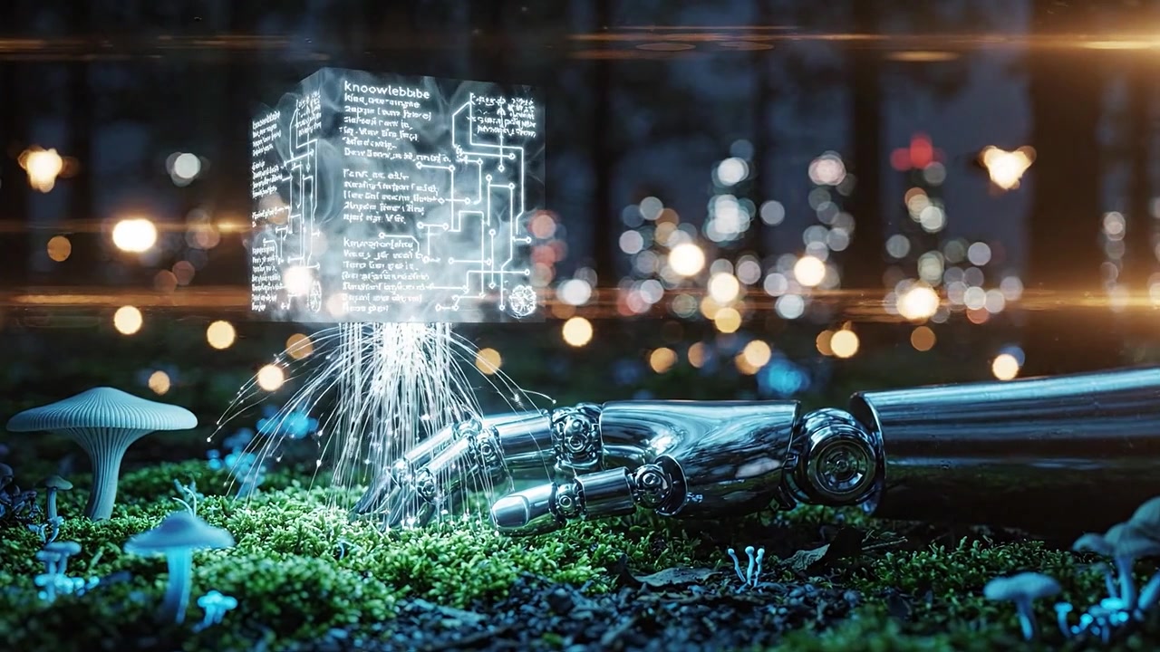 Futuristic robotic hand reaches towards a holographic display amidst a mystical forest, with glowing mushrooms and bokeh city lights creating a captivating scene.