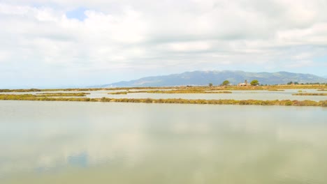 Panoramic-View-Of-The-Largest-Wetland-With-Reflections-At-Ebro-Delta-Nature-Park-In-Catalonia,-Spain